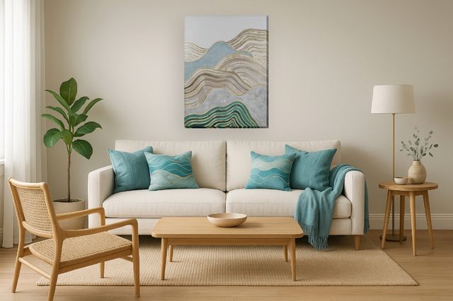 Classy Living Mesmerizing Gold-Kissed Aqua Geometric Waves Wall Art-1