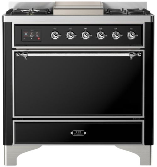 Ilve® Majestic III 36" Glossy Black Pro Style Dual Fuel Natural Gas Range with Solid Door and Chrome Trim-0