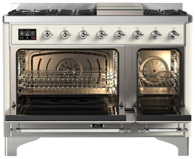 Ilve® Majestic III 48" Antique White Pro Style Dual Fuel Liquid Propane Range with Triple Glass Door and Chrome Trim-1
