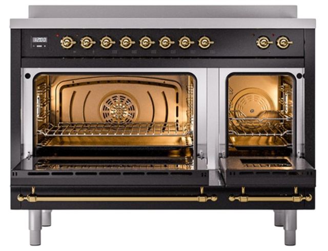 Ilve® Nostalgie II Noblesse 48'' Glossy Black Pro Style Induction Range with Brass Trim-1