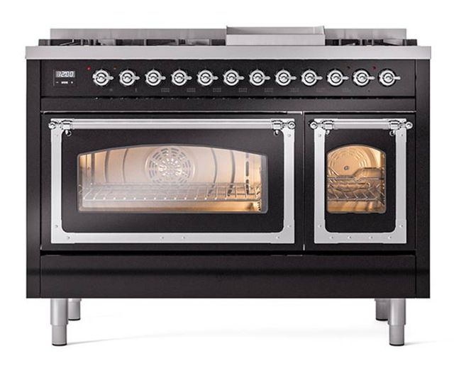Ilve® Nostalgie II Noblesse 48'' Glossy Black Pro Style Dual Fuel Range with Chrome Trim-1
