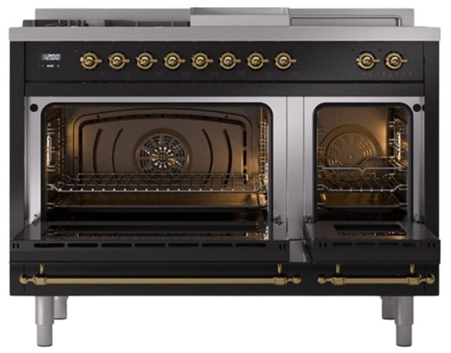 Ilve® Nostalgie II Noblesse 48'' Glossy Black Pro Style Dual Fuel Range with Brass Trim-1