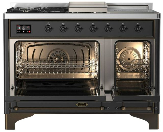 Ilve® Majestic III 48" Graphite Matte Pro Style Dual Fuel Natural Gas Range with Triple Glass Door and Burnished Trim-1