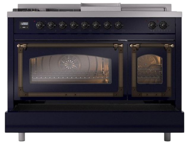 Ilve® Nostalgie II Noblesse 48'' Midnight Blue Pro Style Dual Fuel Range with Burnished Trim-3