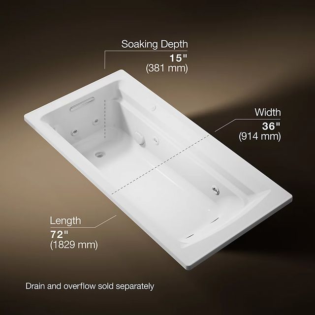 KOHLER® Archer® White 72" x 36" Drop-In Heated Whirlpool Bath-2