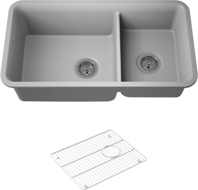 KOHLER® Cairn® Matte Gray 34" Undermount Double Offset Bowl Kitchen Sink-0