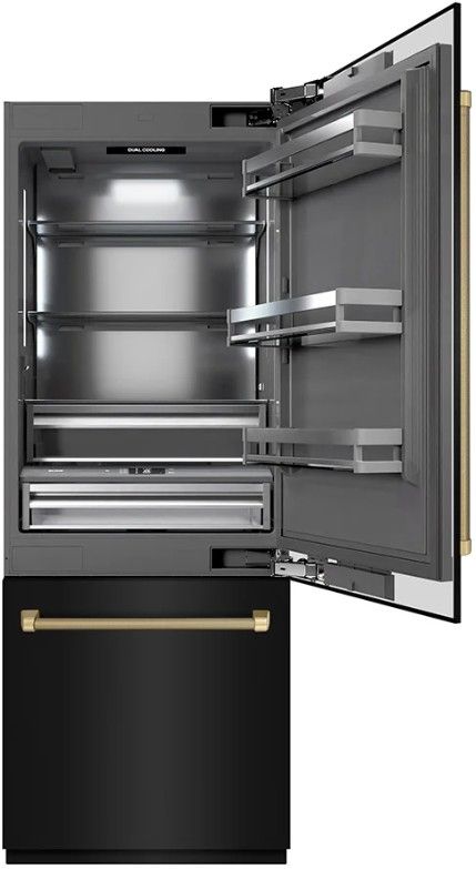 ZLINE Autograph Edition 30" 16.1 Cu. Ft. Black Stainless Steel Built-In Bottom Freezer Refrigerator with Water Dispenser, Ice Maker, Graphite Gray Interior and Champagne Bronze Helix Handles-2