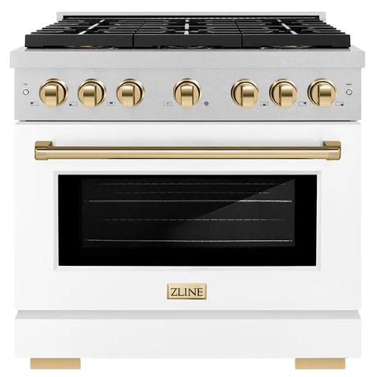 ZLINE Autograph Edition Paramount 36" 5.2 Cu. Ft. Satin Stainless Steel Dual Fuel Range with 6 Burner DuoPro™ Cooktop and Electric Convection Oven with White Matte Door and Polished Gold Accents-0