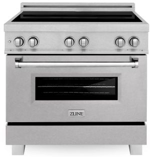 front view of the ZLINE 36" DuraSnow® Stainless Steel Freestanding Induction Range