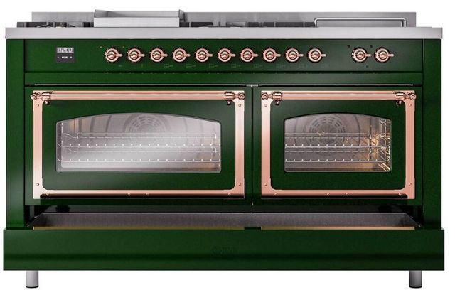Ilve® Nostalgie II Noblesse 60'' Emerald Green Pro Style Dual Fuel Range with Copper Trim-3