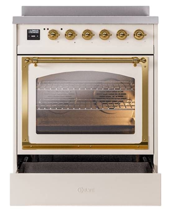 Ilve® Nostalgie II Noblesse 30'' Antique White Pro Style Induction Range with Brass Trim-3