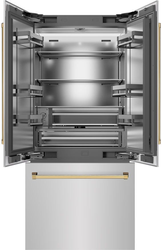 ZLINE Autograph Edition 36" 19.6 Cu. Ft. Stainless Steel Built-In French Door Refrigerator with Polished Gold Accents-1