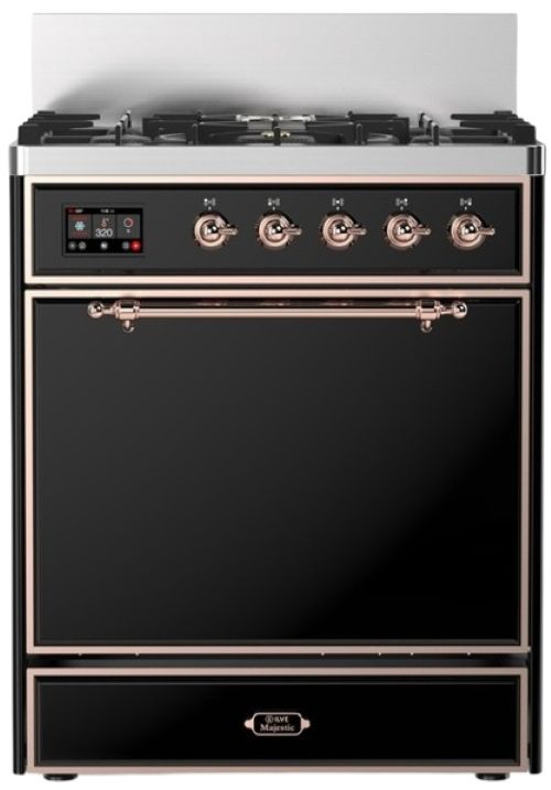 Ilve® Majestic III 30" Glossy Black Pro Style Dual Fuel Natural Gas Range with 5 Black Brass Burners and Copper Trim-0