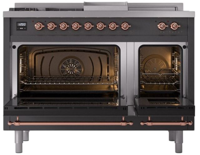 Ilve® Nostalgie II Noblesse 48'' Graphite Matte Pro Style Dual Fuel Range with Copper Trim-2