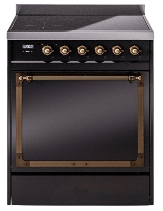 Ilve® Nostalgie II Noblesse 30'' Glossy Black Pro Style Induction Range with Burnished Trim-0