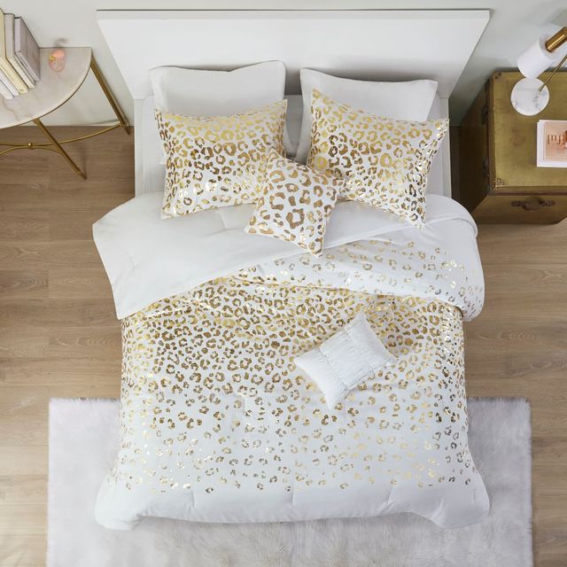 Olliix by Intelligent Design Lillie Gold/Ivory Full/Queen Metallic Animal Printed Comforter Set-1