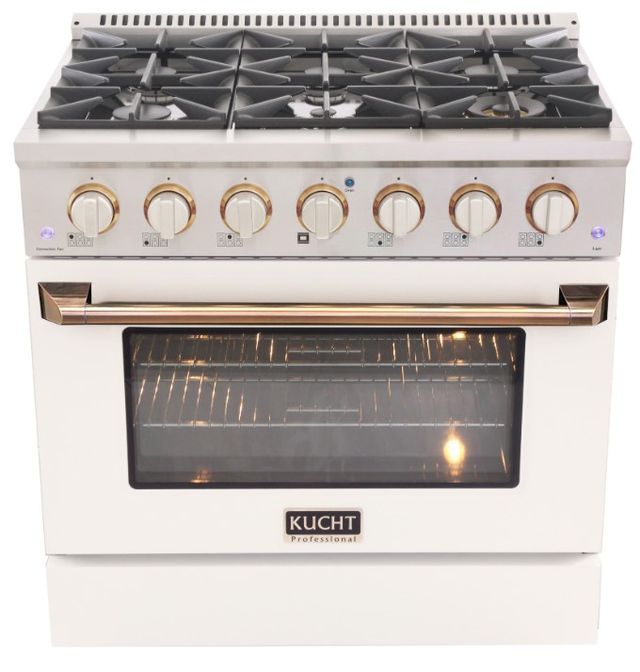 Kucht Professional KDF Series 36" Stainless Steel Pro Style Dual Fuel Range with White Door and Gold Handle-0