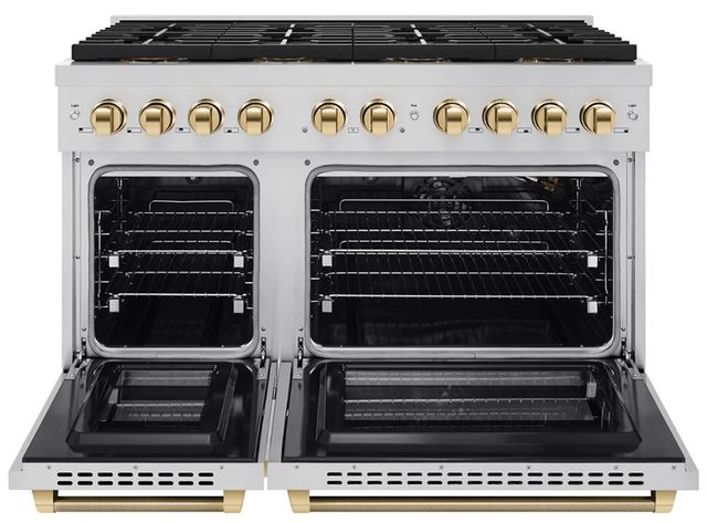 ZLINE Autograph Edition Paramount 48" 6.7 Cu. Ft. Stainless Steel Gas Range with 8 Burner DuoPro™ Cooktop and Dual Ovens with Polished Gold Helix Handles and Accents-1