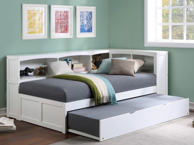 Homelegance® Galen White Youth Twin Corner Platform Bookcase Bed with Twin Trundle-1