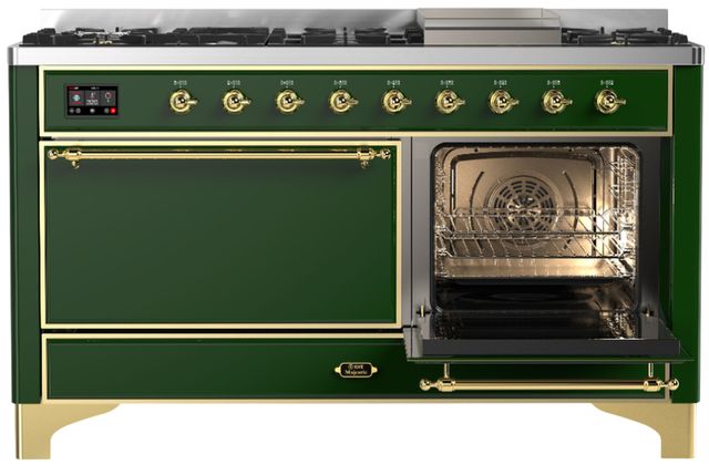 Ilve® Majestic III 60" Emerald Green Pro Style Dual Fuel Natural Gas Range with Solid Door and Brass Trim-3