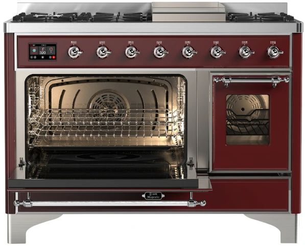 Ilve® Majestic III 48" Burgundy Pro Style Dual Fuel Liquid Propane Range with Triple Glass Door and Chrome Trim-3