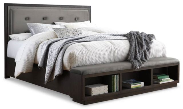 Signature Design by Ashley® Hyndell 5-Piece Dark Brown Queen Upholstered Storage Panel Bed Set-1