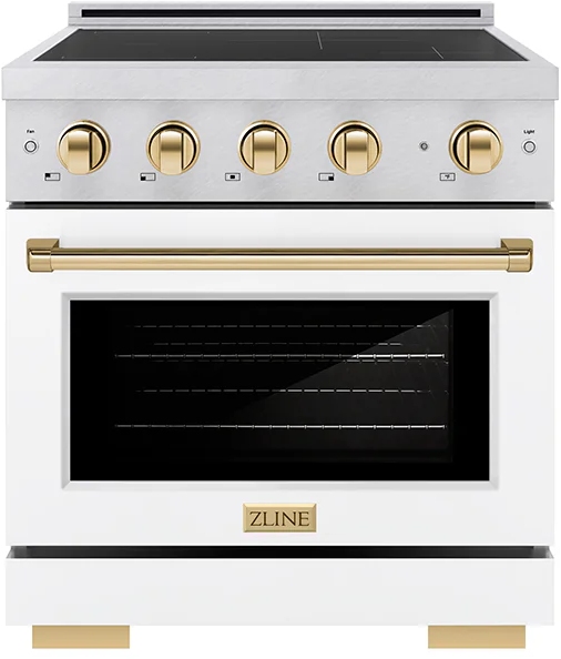 ZLINE Autograph Edition 30 in. 4.2 cu. ft. Paramount Induction Range with 4 Element Cooktop and Electric Convection Oven in Satin Stainless Steel with White Matte Door and Polished Gold Accents (SINRSZ-WM-30-G)