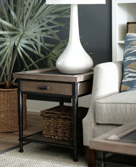 Hammary® Austin Antiqued Medium Brown Rectangular End Table with Hammered Bronze Frame-1