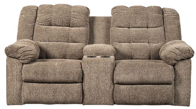 Signature Design by Ashley® Workhorse Cocoa Double Reclining Console Loveseat-1