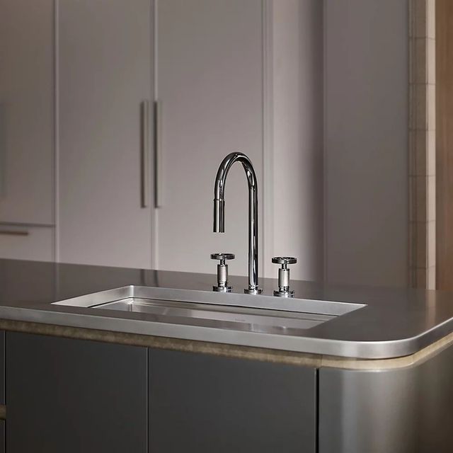 KOHLER® Billet® Vibrant Brushed Moderne Brass Touchless Kitchen Sink Faucet with 2-Function Sprayhead and Round Handles-1