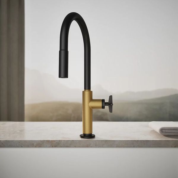 KOHLER® Billet® Brushed Moderne Brass/Matte Black Touchless Kitchen Sink Faucet with 2-Function Sprayhead and Single Cross-Handle-3