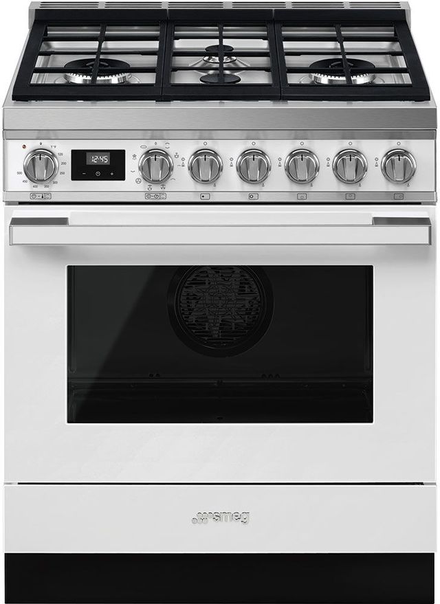 Smeg Portofino Aesthetic 30" White Freestanding Dual Fuel Natural Gas Range-0