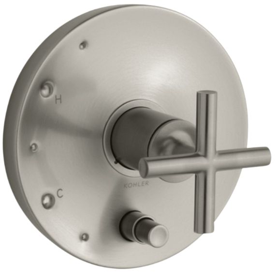 KOHLER® Purist® Rite-Temp® Vibrant Brushed Nickel Valve Trim with Push-Button Diverter and Cross Handle-0