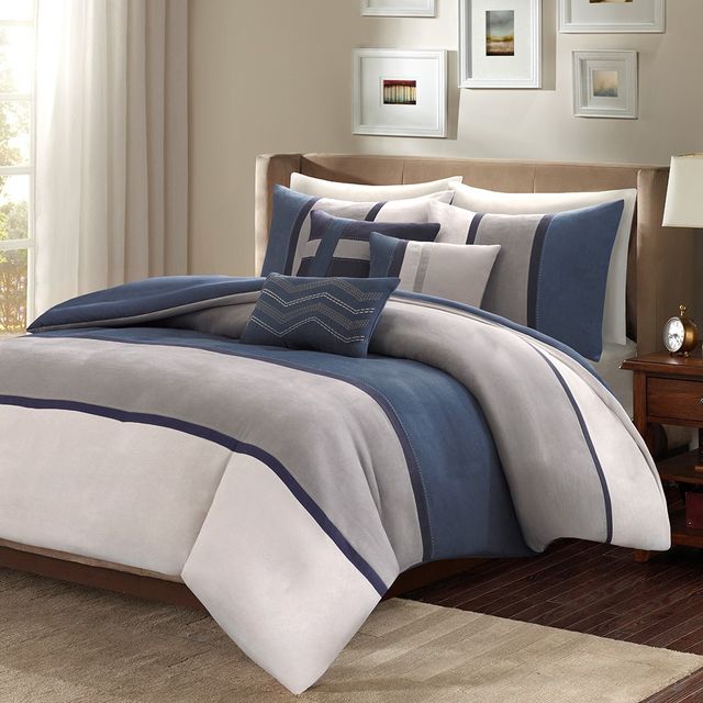 Olliix by Madison Park 6 Piece Blue King/California King Palisades Faux Suede Duvet Set-0