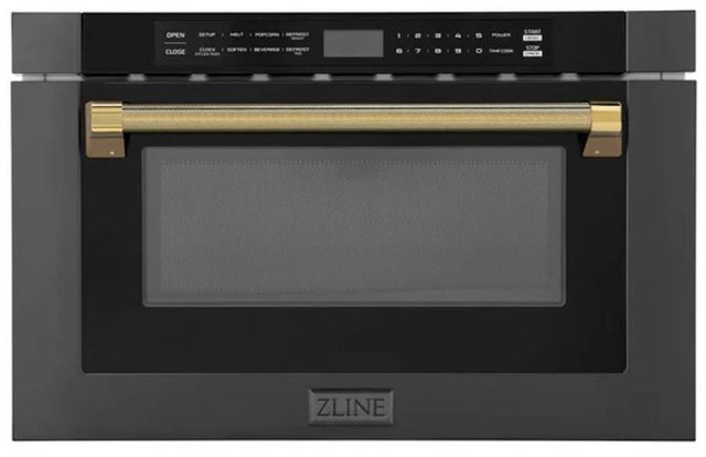 ZLINE Autograph Edition 24" 1.2 Cu. Ft. Black Stainless Steel Built-in Microwave Drawer with Polished Gold Helix Handle-0