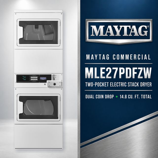Maytag Commercial MLE27PDFZW Two-Pocket Dual-Coin Electric Stacked Dryer, 14.8 Cu. Ft. Total Capacity, White-2