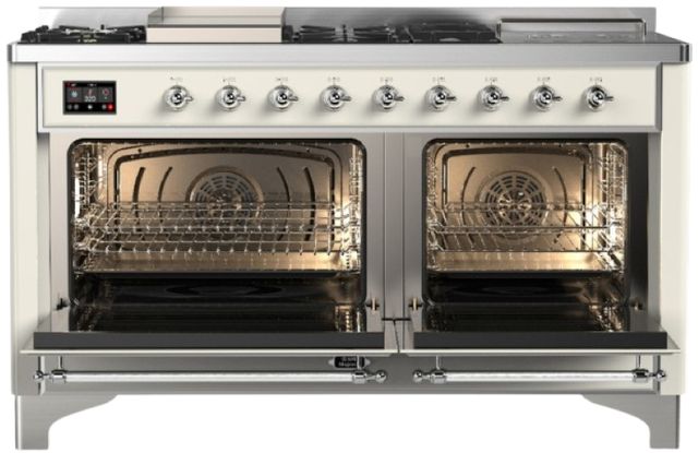 Ilve® Majestic III 60" Antique White Pro Style Dual Fuel Liquid Propane Range with French Top and Chrome Trim-1