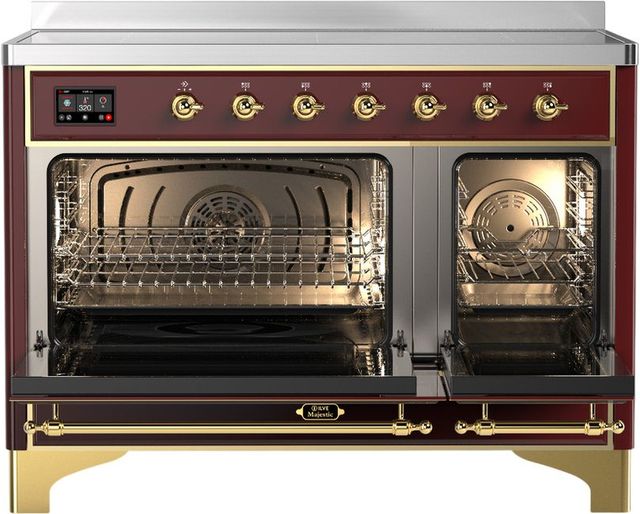 Ilve® Majestic III 48" Burgundy Pro Style Induction Range with Triple Glass Door and Brass Trim-1