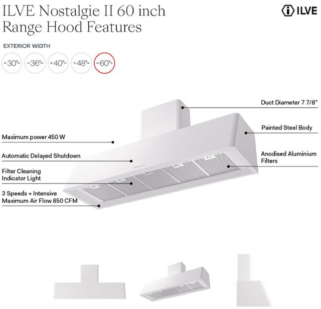 Ilve® Nostalgie II Series 60" White Wall Mounted Range Hood-3