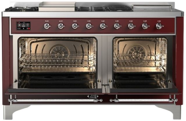Ilve® Majestic III 60" Burgundy Pro Style Dual Fuel Liquid Propane Range with French Top and Chrome Trim-1