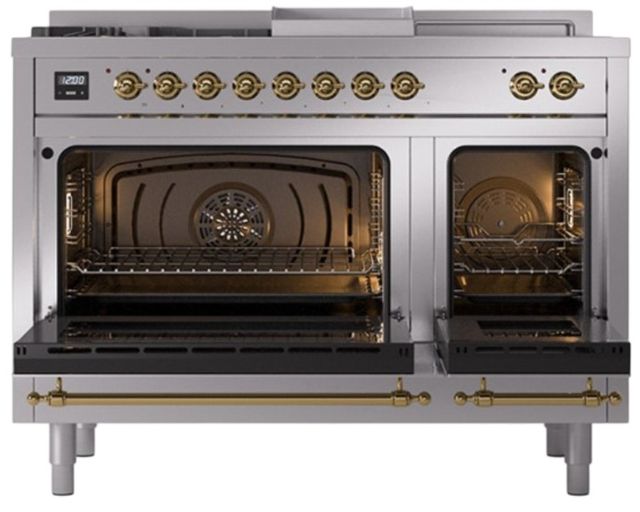 Ilve® Nostalgie II Noblesse 48'' Stainless Steel Pro Style Dual Fuel Range with Brass Trim-2