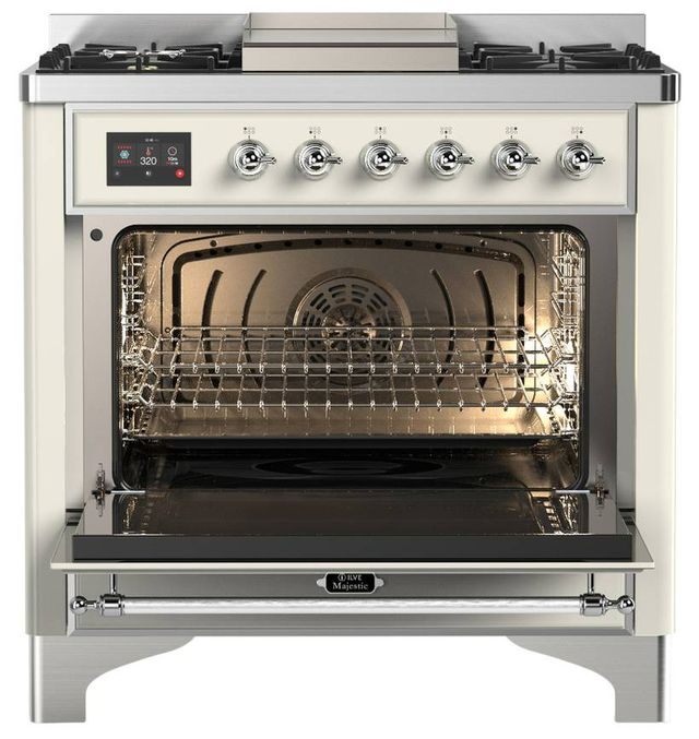 Ilve® Majestic III 36" Antique White Pro Style Dual Fuel Liquid Propane Range with Triple Glass Door and Chrome Trim-1