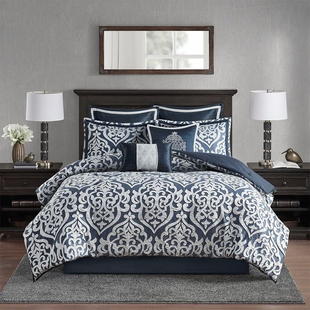 Olliix by Madison Park 8 Piece Navy Queen Odette Jacquard Comforter Set-0