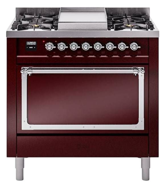 Ilve® Nostalgie II Noblesse 36'' Burgundy Pro Style Dual Fuel Range with Chrome Trim-0