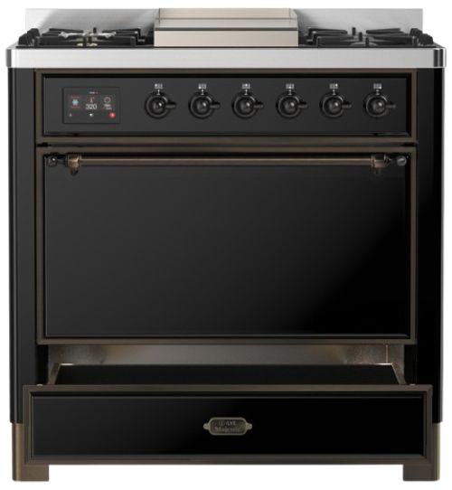 Ilve® Majestic III 36" Glossy Black Pro Style Dual Fuel Liquid Propane Range with Solid Door and Burnished Trim-2