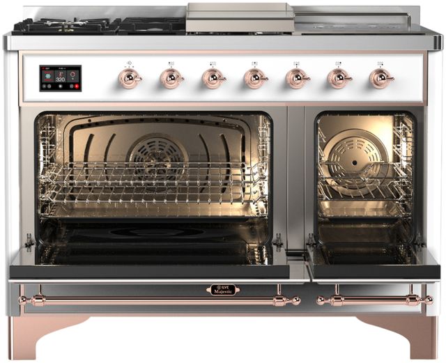 Ilve® Majestic III 48" White Pro Style Dual Fuel Natural Gas Range with 5 Black Brass Burners and Copper Trim-1