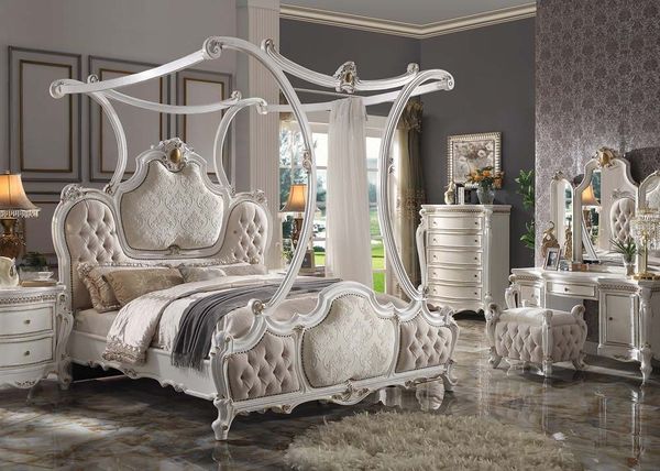 ACME Furniture Picardy Antique Pearl Upholstered Eastern King Canopy Bed