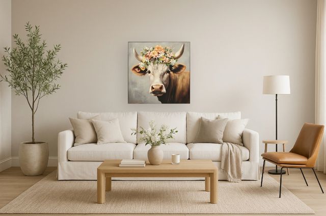 Classy Living Contemplative Blossom-Crowned Bovine Charm Wall Art-1