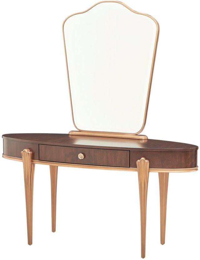 Michael Amini® Camellia Field Pecan-V166 Warm Pecan Vanity Desk with Mirror and Chair Set-1