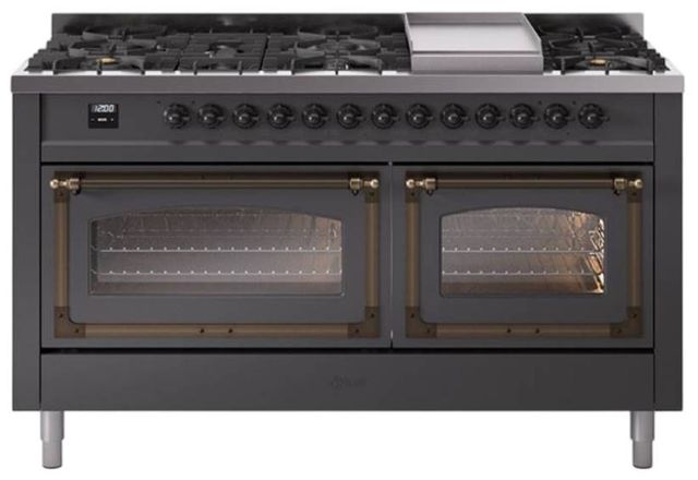Ilve® Nostalgie II Noblesse 60'' Graphite Matte Pro Style Dual Fuel Range with Burnished Trim-0